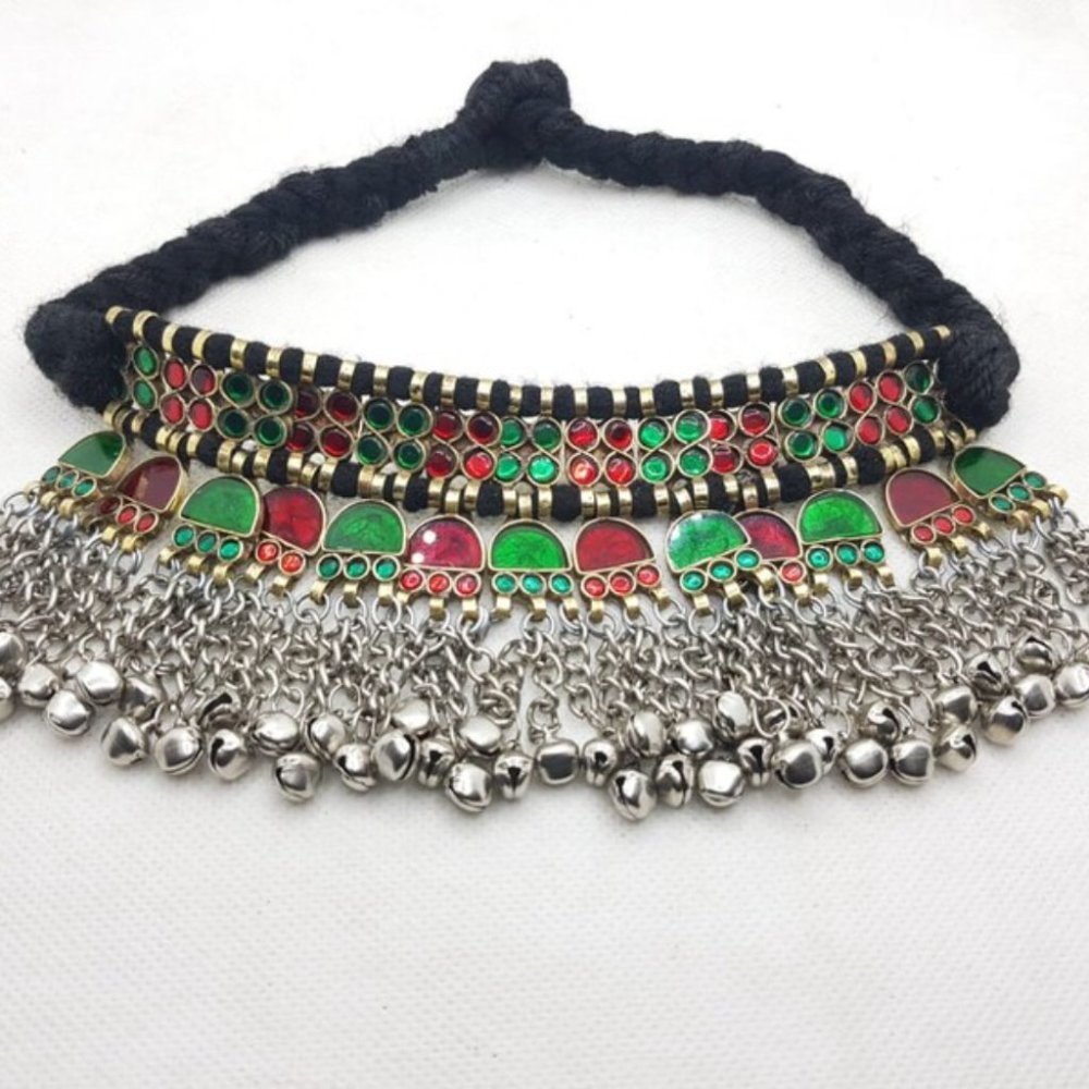 Turkmen Tribal Choker: Handmade Ethnic Necklace with Glass Stones & Bells